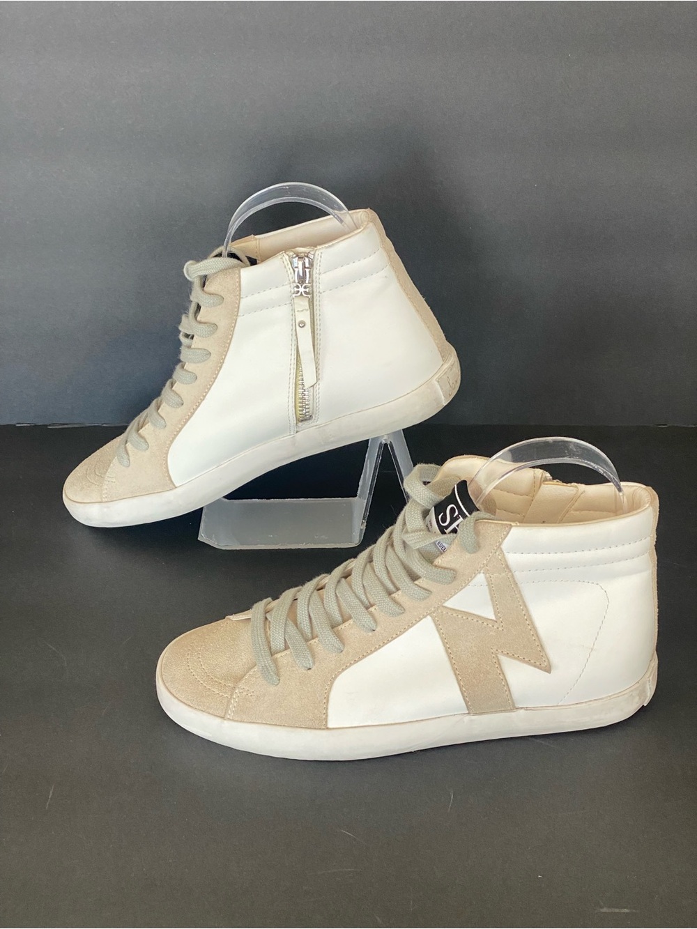 Sam Edelman Avon High Top Sneaker Cream Leather Suede Lace Side Zip Trainers 7